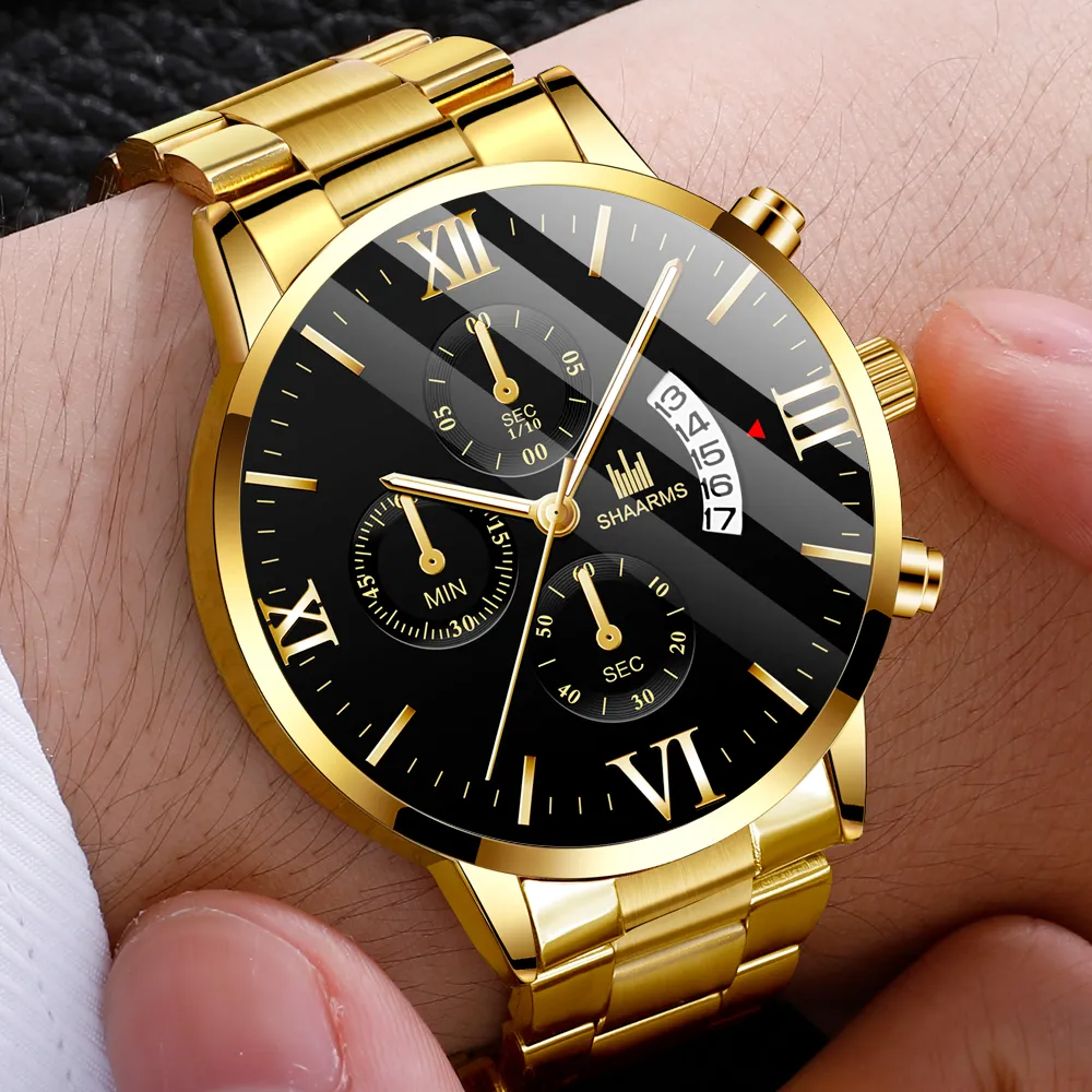 Homens de luxo Relógio Quartzo Militar Homens de Aço Inoxidável de Ouro Preto Calendário Data Relógio Masculino Relógio Relogio