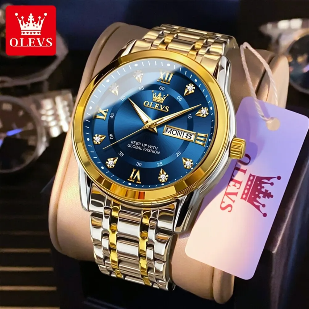OLEVS Quartz Watch for Men, Relógio De Ouro De Diamantes De Luxo, Aço Inoxidável Luminoso Impermeável, Relógio De Homens De Negócios