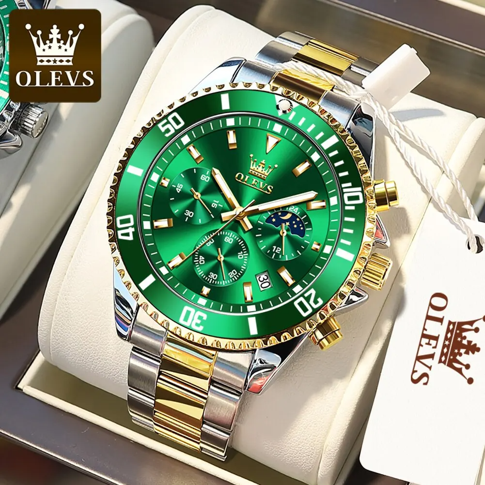 OLEVS-Relógio Impermeável de Aço Inoxidável Masculino, Moda Empresarial, Luxo, Data, Fase da Lua, Relógios Quartzo Masculino