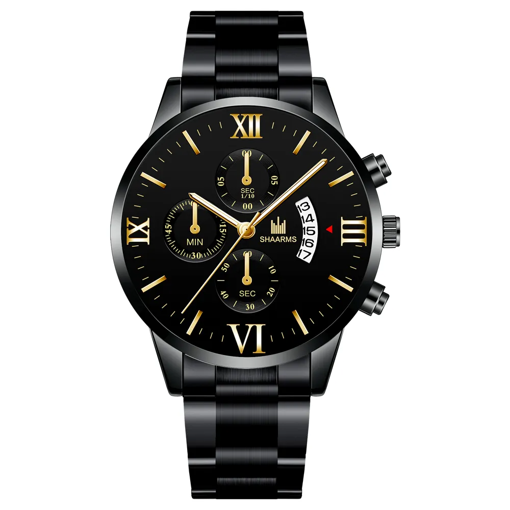 Homens de luxo Relógio Quartzo Militar Homens de Aço Inoxidável de Ouro Preto Calendário Data Relógio Masculino Relógio Relogio