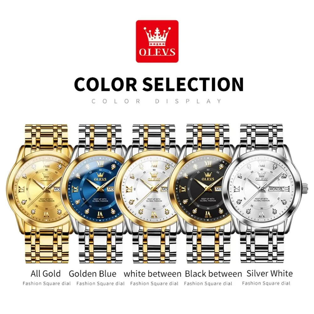 OLEVS Quartz Watch for Men, Relógio De Ouro De Diamantes De Luxo, Aço Inoxidável Luminoso Impermeável, Relógio De Homens De Negócios