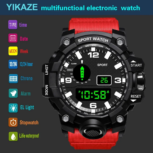 YIKAZE-Relógio Desportivo Digital LED Masculino, Relógios Eletrônicos de Fitness, Multifunções, Militares, Relógio, Presentes Infantis