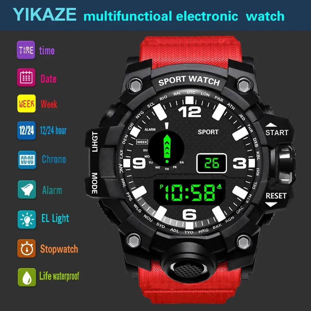 YIKAZE-Relógio Desportivo Digital LED Masculino, Relógios Eletrônicos de Fitness, Multifunções, Militares, Relógio, Presentes Infantis