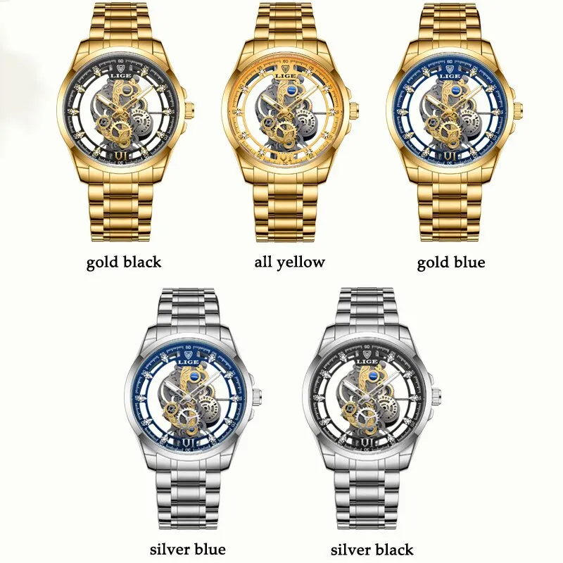 LIGE-Relógio Quartz Esqueleto para Homens, Relógio De Pulso De Ouro, Relógio Retro, Marca Top, Relógios De Luxo, Novo