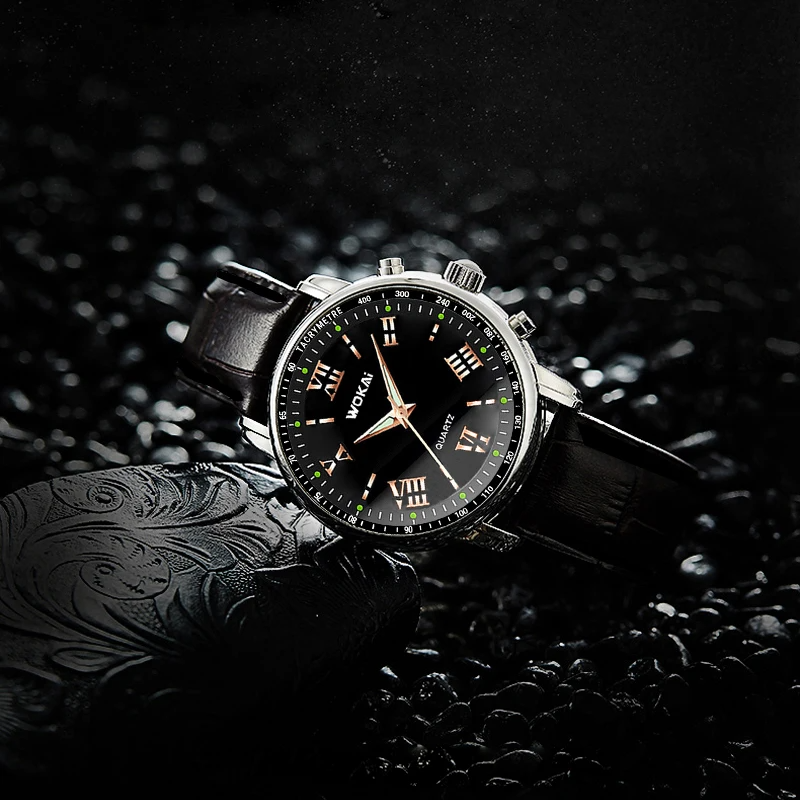Wokai alta qualidade masculino casual cinto relógio de quartzo luminoso negócio à prova dwaterproof água relógio de moda à prova dvintage água do vintage safira